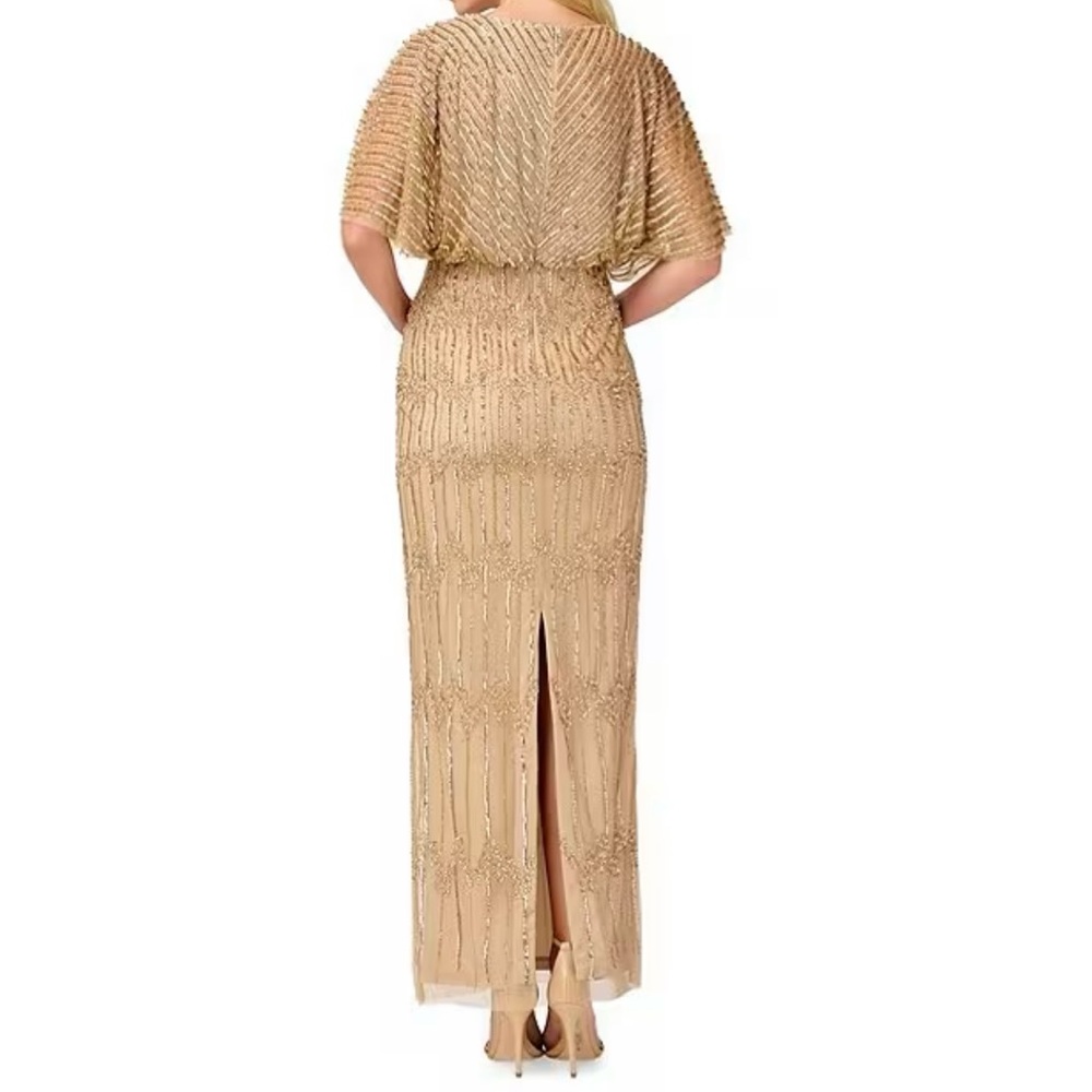 Beaded Short Flutter Sleeve V-Neck Blouson Gown